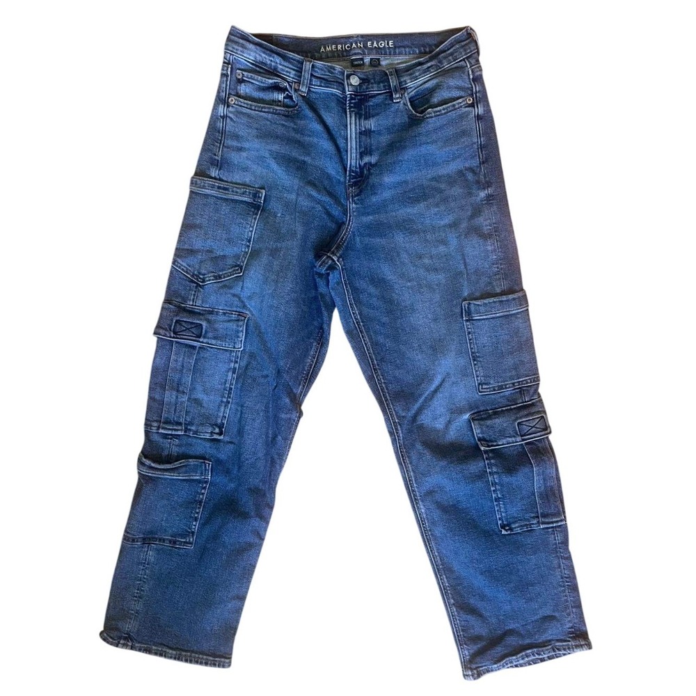 American Eagle Super High Rise Baggy Cargo Jeans Womens 10 Short Y2K Utility EUC